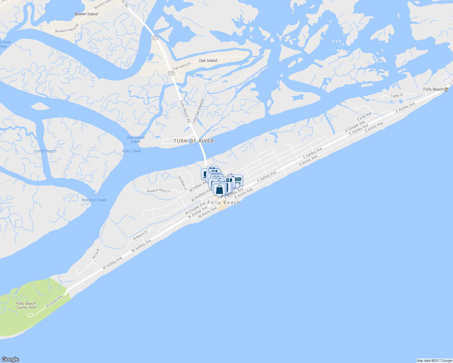 map of restaurants, bars, coffee shops, grocery stores, and more near 124 East Hudson Avenue in Folly Beach