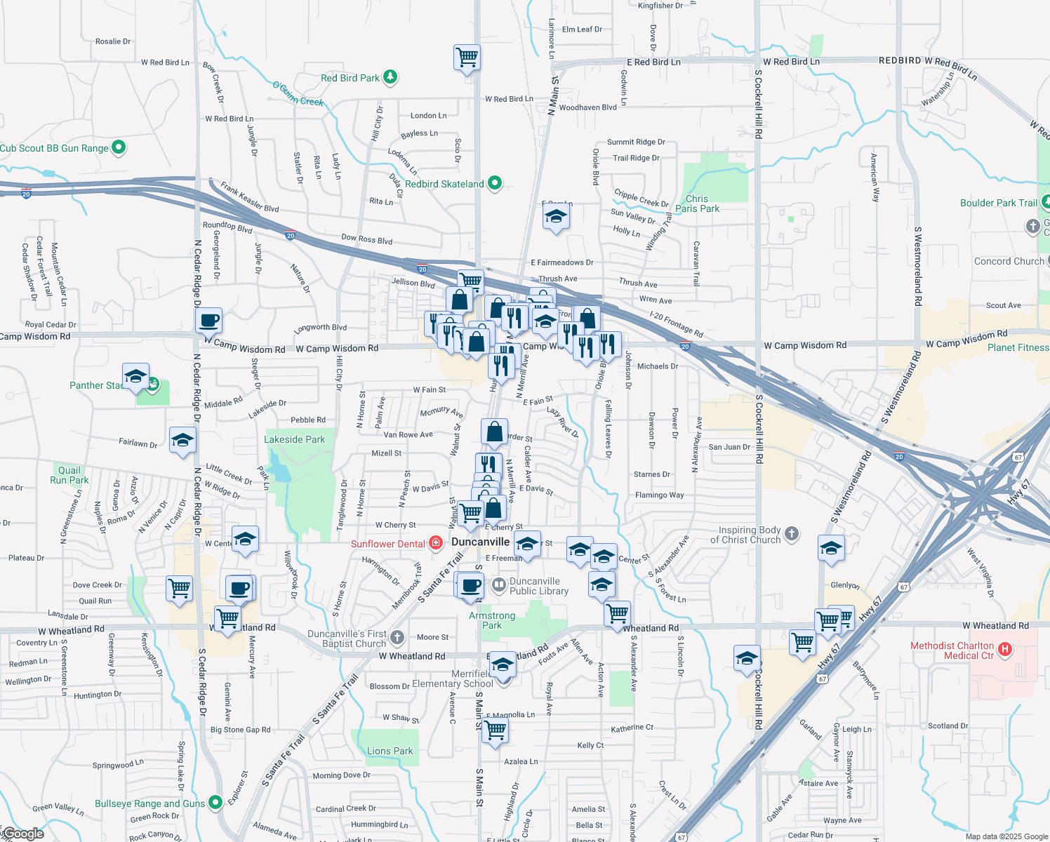 map of restaurants, bars, coffee shops, grocery stores, and more near 619 Calder Avenue in Duncanville