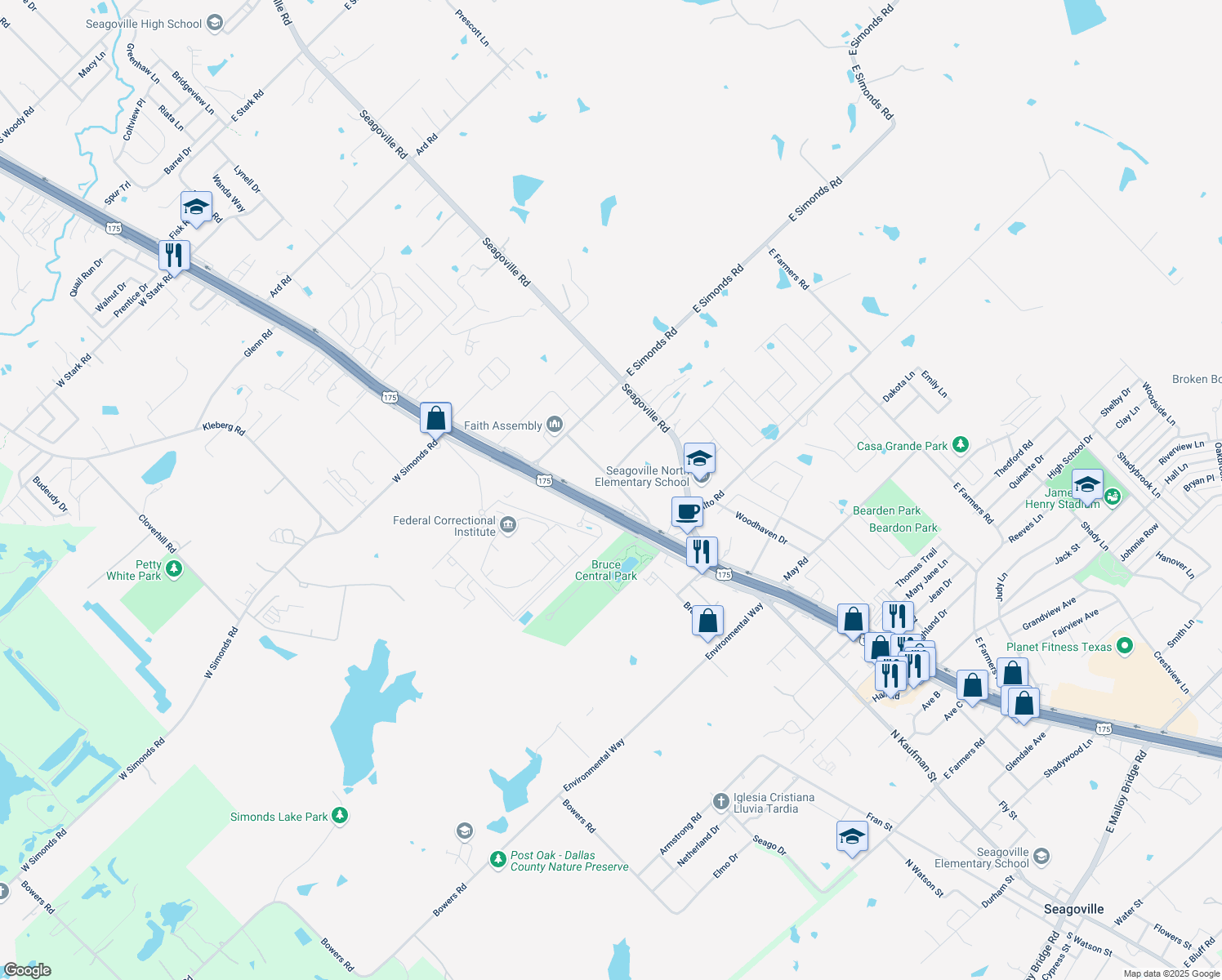 map of restaurants, bars, coffee shops, grocery stores, and more near 1920 U.S. 175 in Seagoville