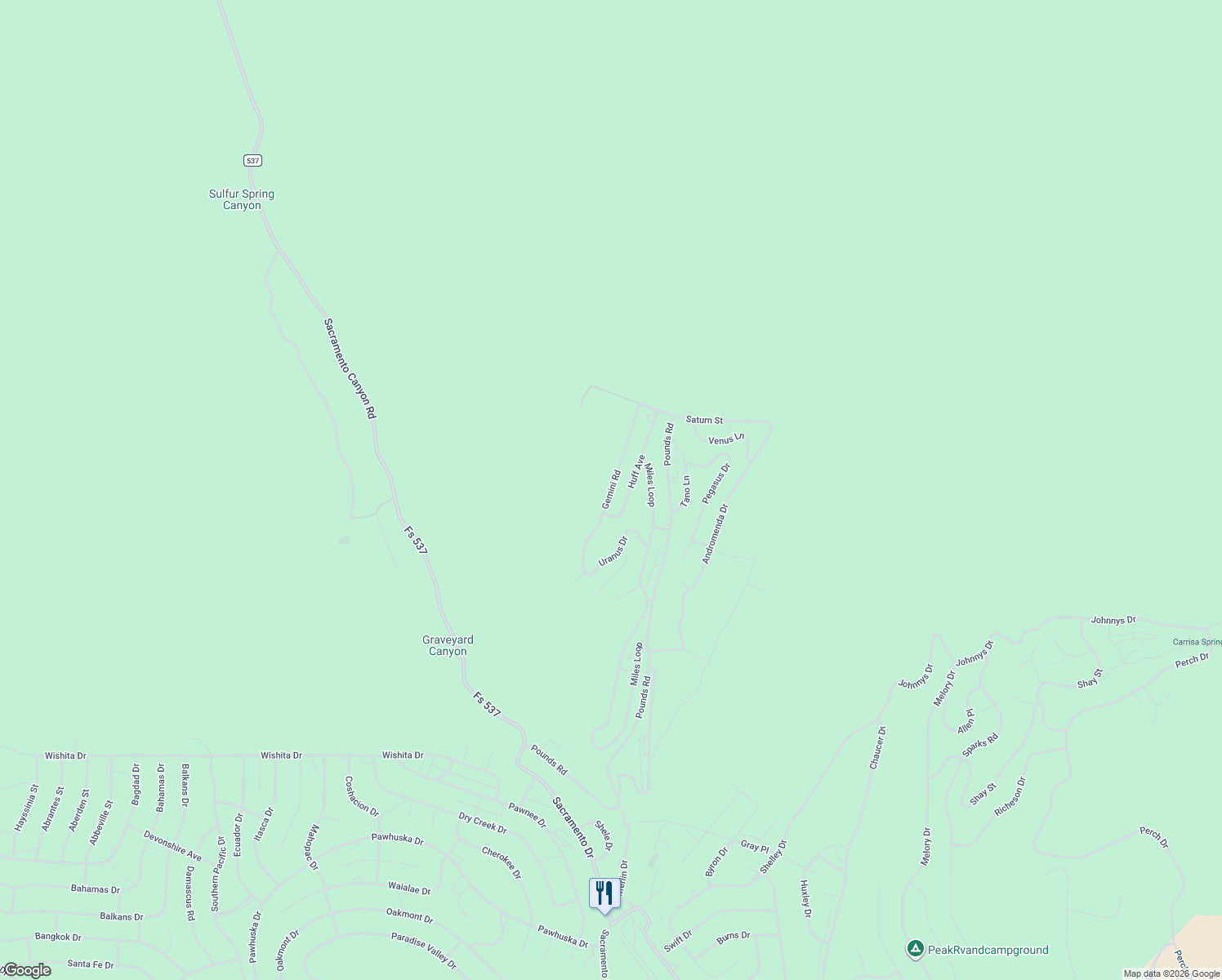 map of restaurants, bars, coffee shops, grocery stores, and more near Gemini Road in Timberon