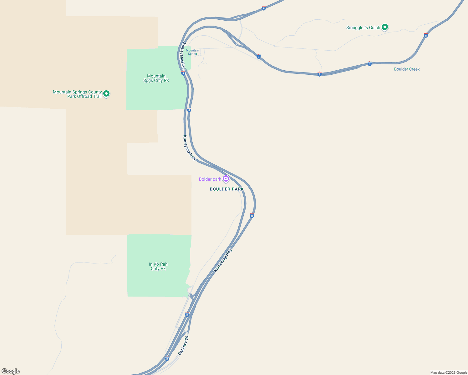 map of restaurants, bars, coffee shops, grocery stores, and more near 01 In-Ko-Pah Park Road in Jacumba Hot Springs