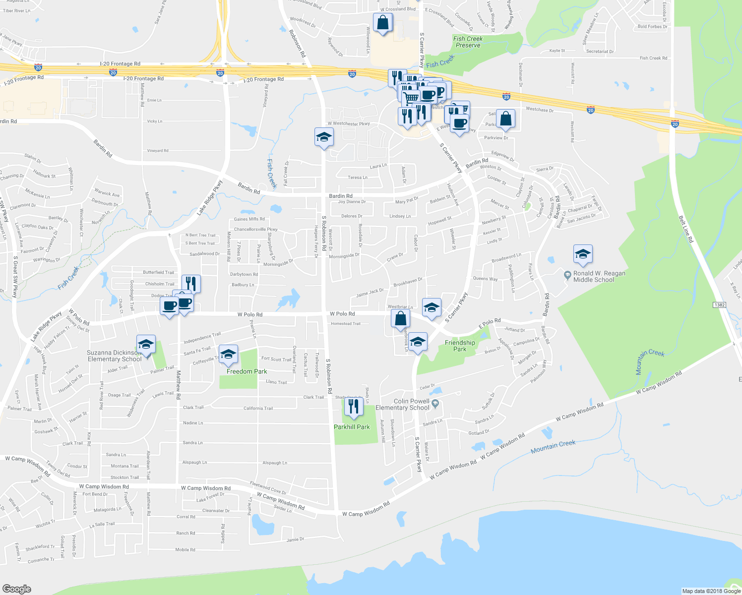 map of restaurants, bars, coffee shops, grocery stores, and more near 4534 Gildersleeve Street in Grand Prairie