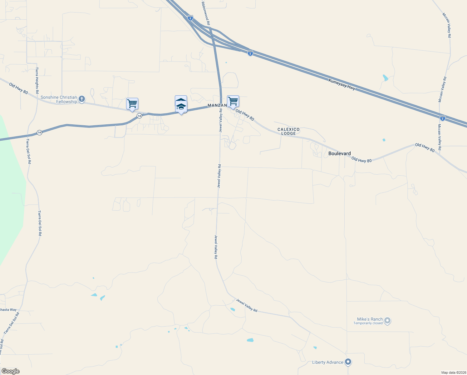map of restaurants, bars, coffee shops, grocery stores, and more near 1985 Jewel Valley Road in Boulevard
