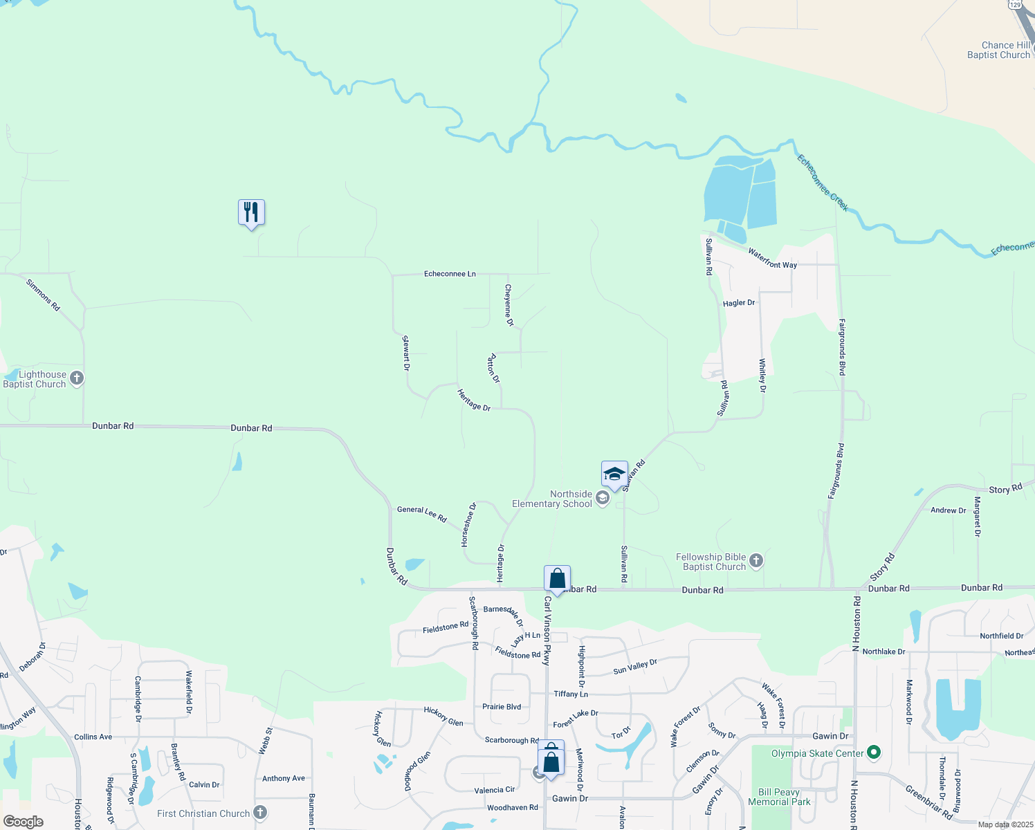 map of restaurants, bars, coffee shops, grocery stores, and more near 413 Heritage Drive in Warner Robins