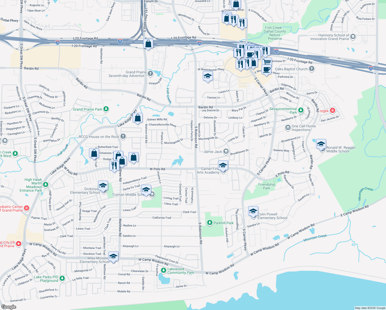 map of restaurants, bars, coffee shops, grocery stores, and more near 903 Parish Court in Grand Prairie