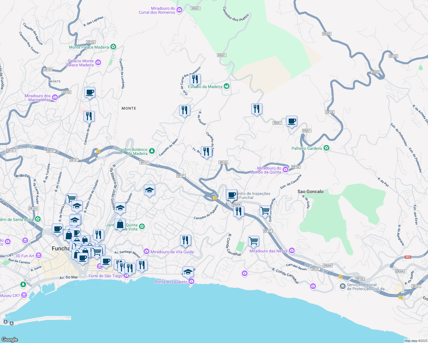 map of restaurants, bars, coffee shops, grocery stores, and more near 9 3ª Travessa do Transval in Funchal