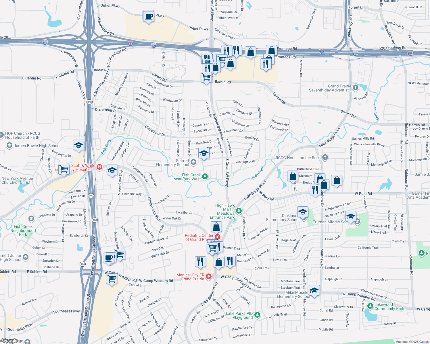 map of restaurants, bars, coffee shops, grocery stores, and more near 4610 Covington Ct in Grand Prairie