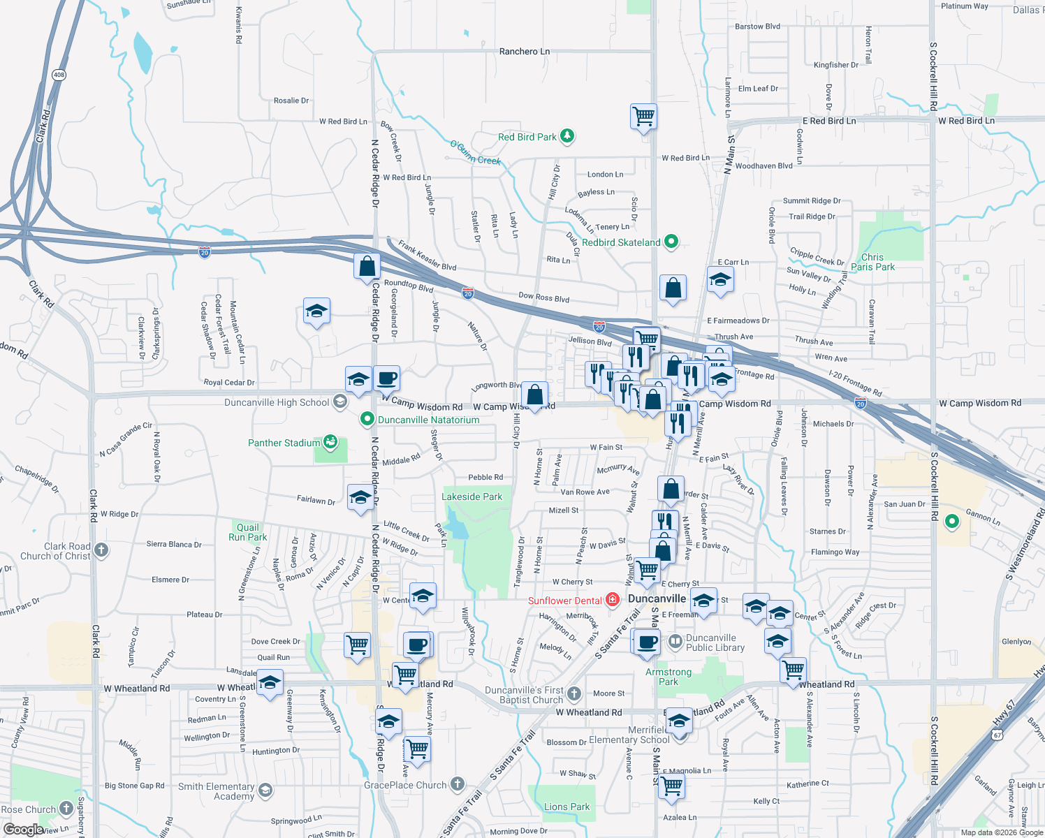 map of restaurants, bars, coffee shops, grocery stores, and more near 722 Hill City Drive in Duncanville