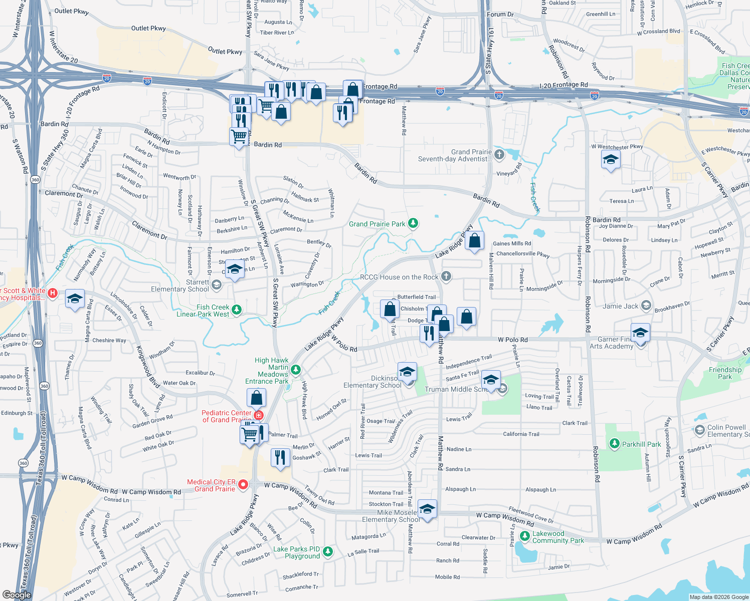 map of restaurants, bars, coffee shops, grocery stores, and more near 2121 Butterfield Trail in Grand Prairie