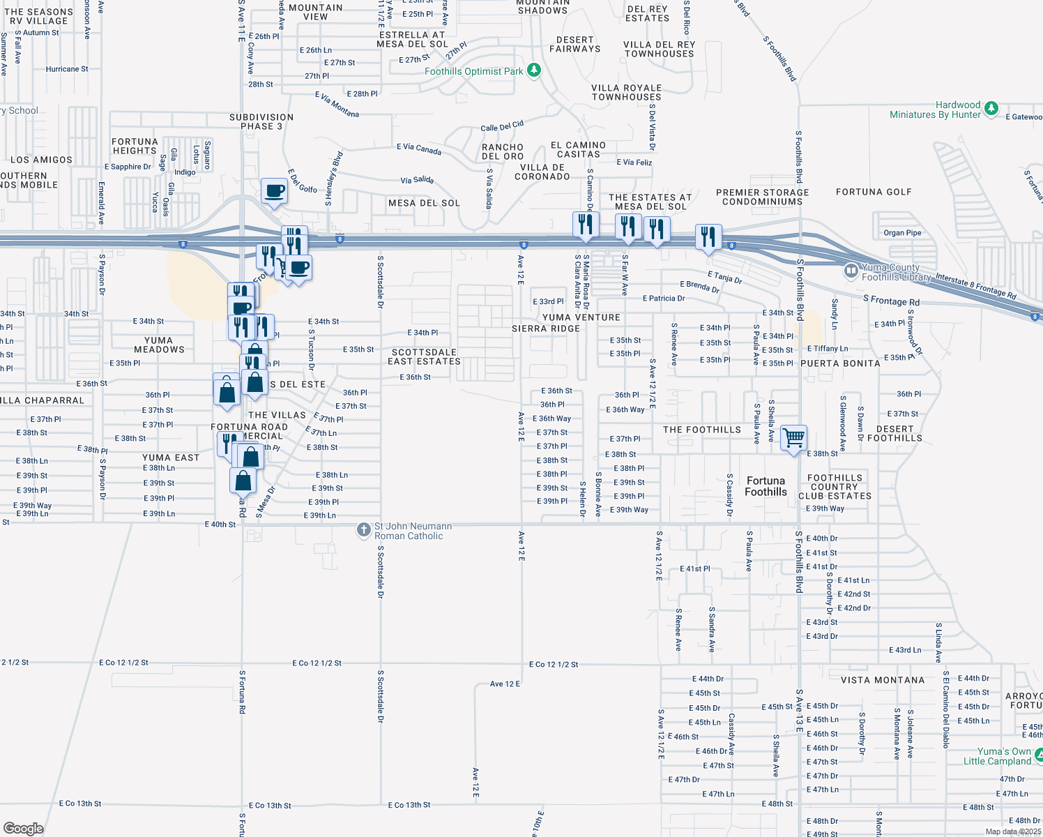 map of restaurants, bars, coffee shops, grocery stores, and more near 12277 E 36th Way in Yuma