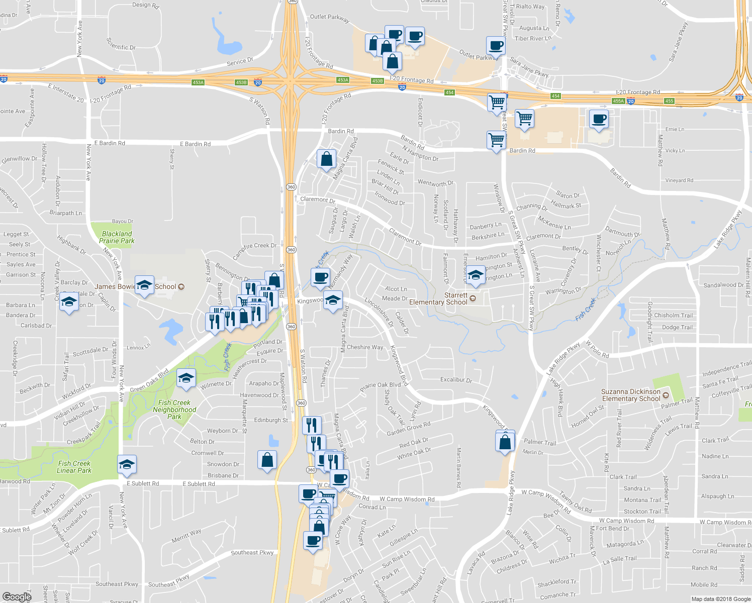 map of restaurants, bars, coffee shops, grocery stores, and more near 4634 Lincolnshire Drive in Grand Prairie