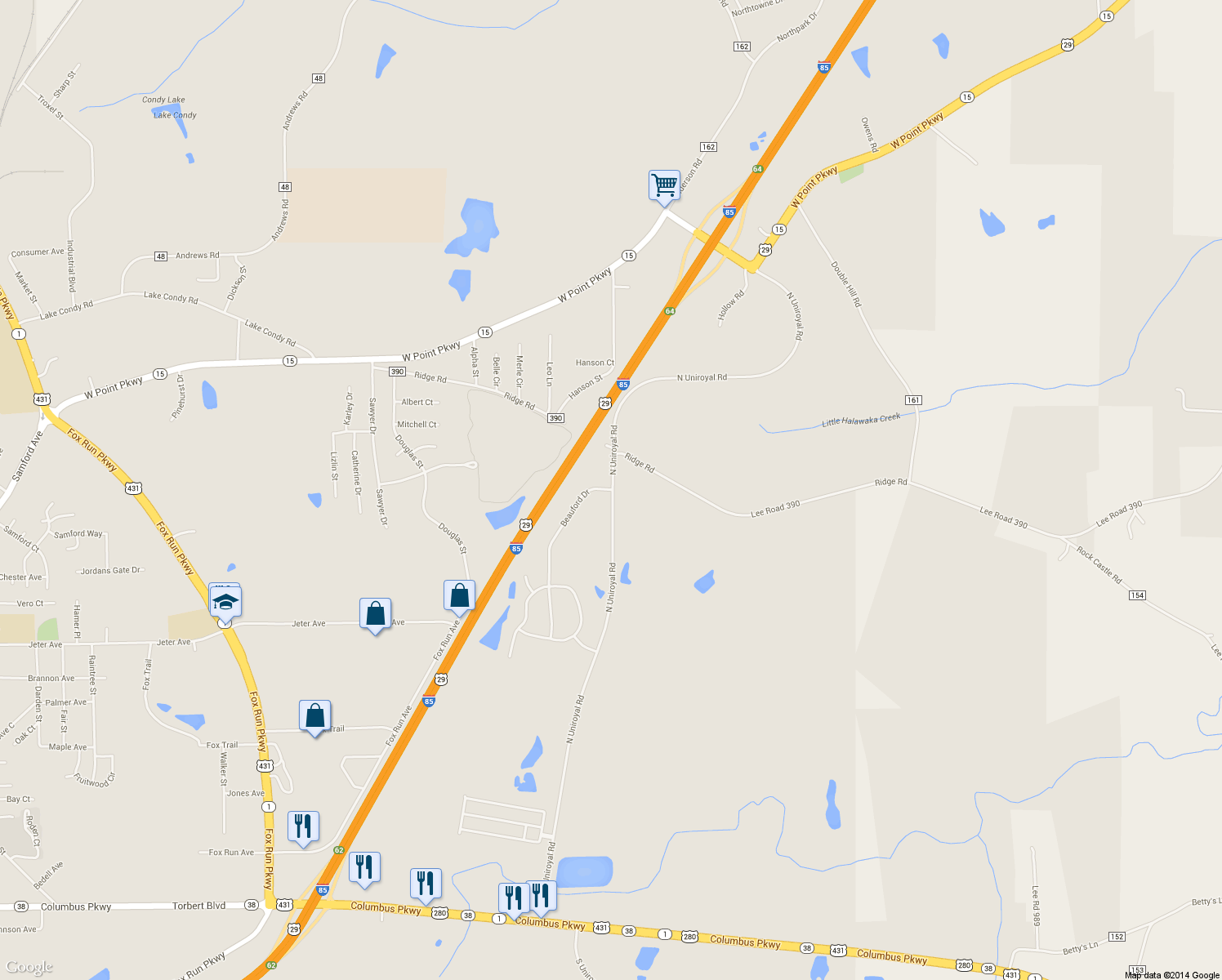 map of restaurants, bars, coffee shops, grocery stores, and more near 1199 Beauford Drive in Opelika