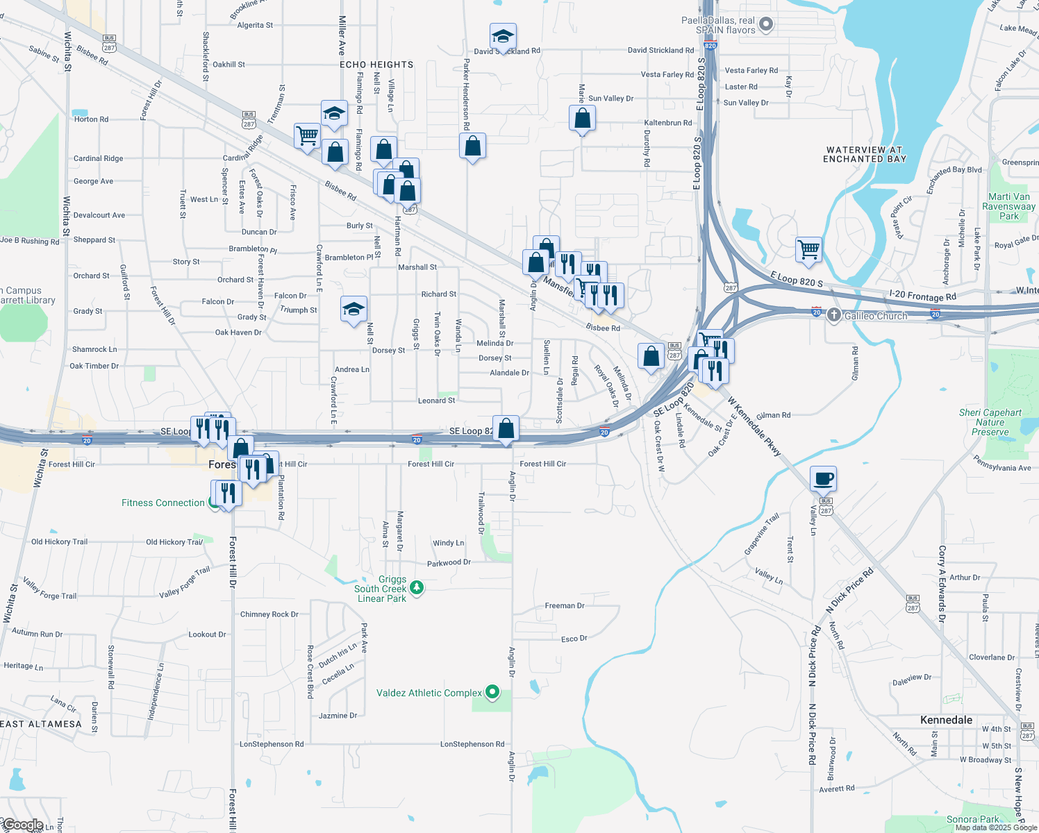 map of restaurants, bars, coffee shops, grocery stores, and more near 6606 Anglin Drive in Forest Hill
