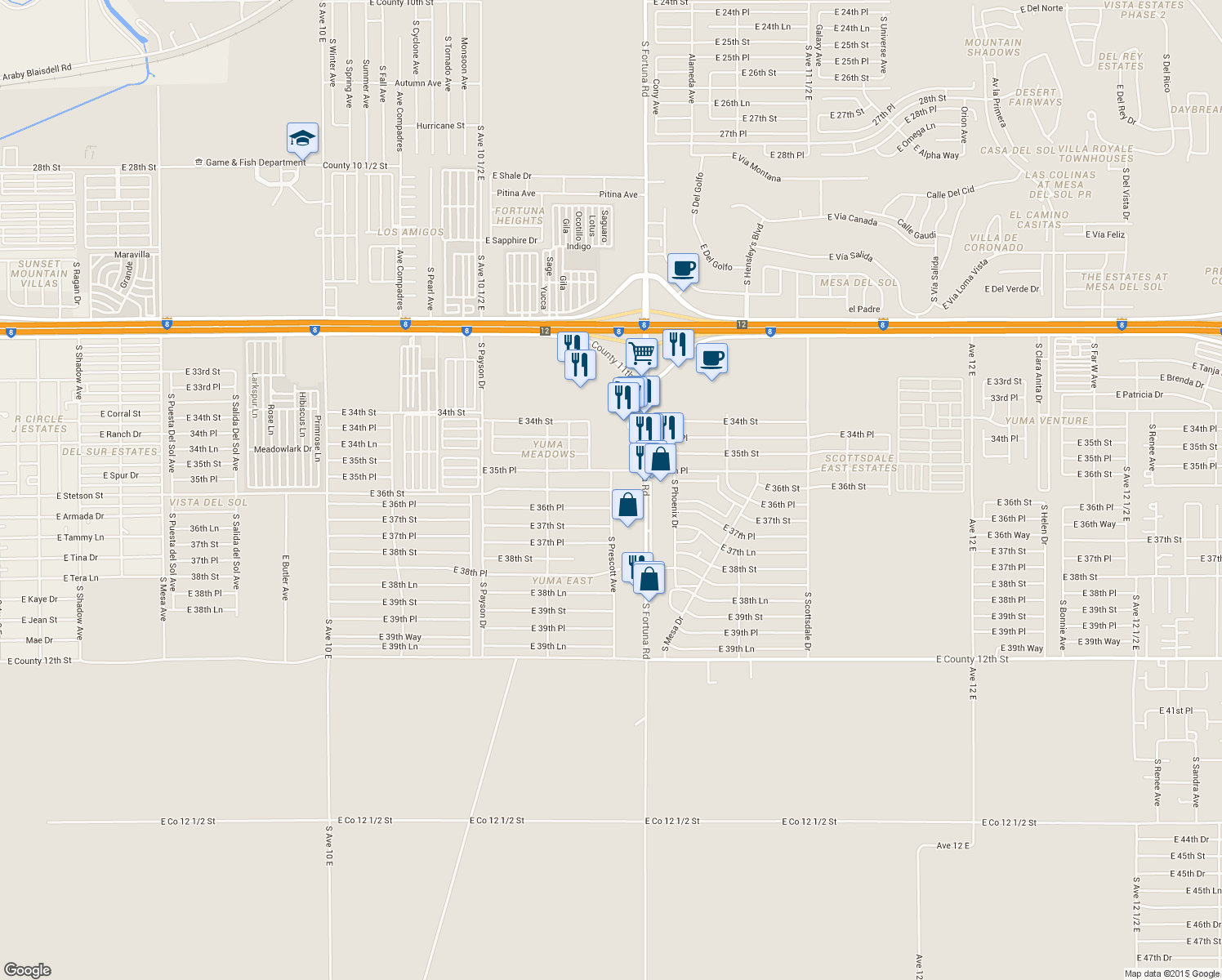 map of restaurants, bars, coffee shops, grocery stores, and more near 11693 South Prescott Avenue in Yuma