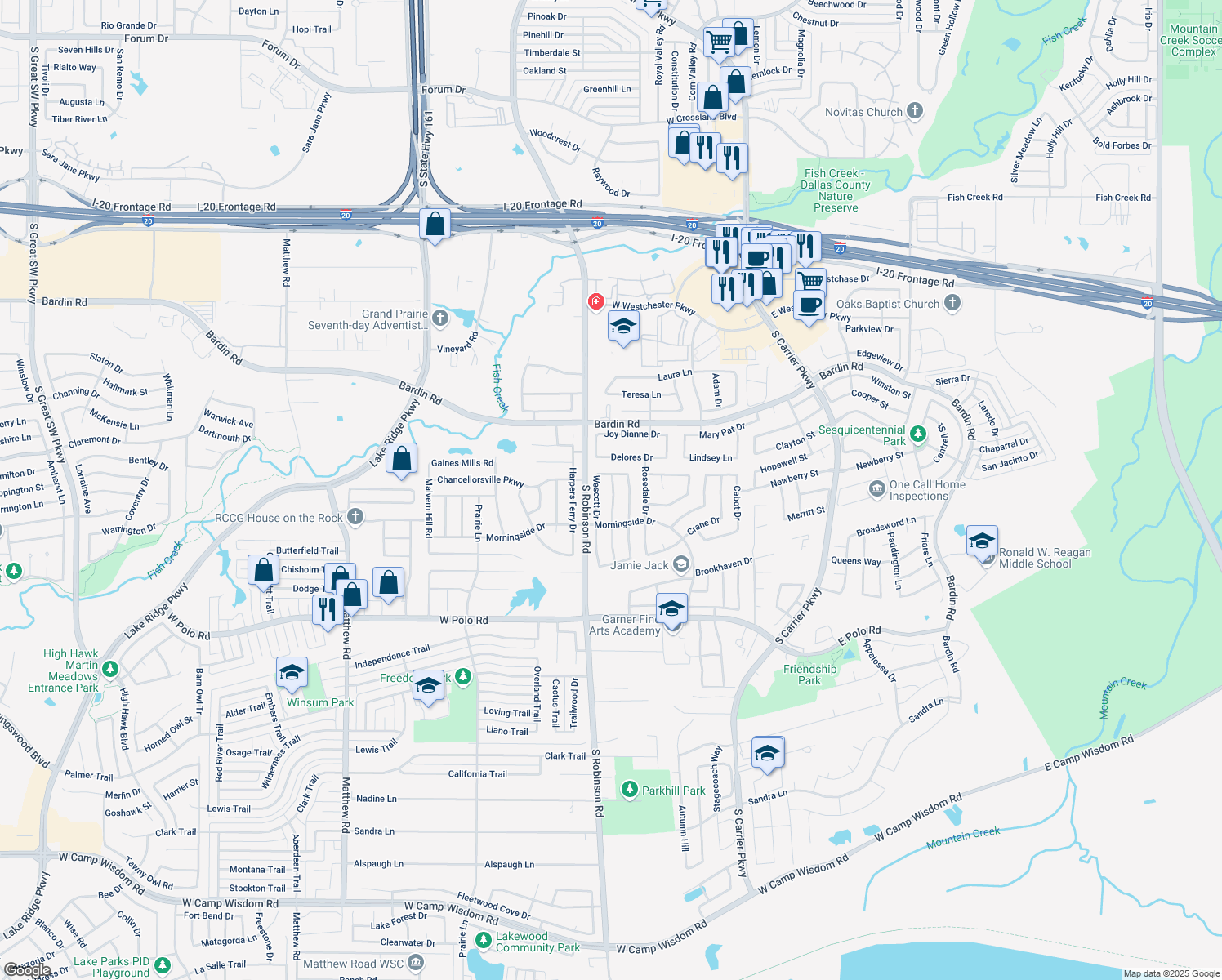 map of restaurants, bars, coffee shops, grocery stores, and more near 4421 Forsyth Ln in Grand Prairie