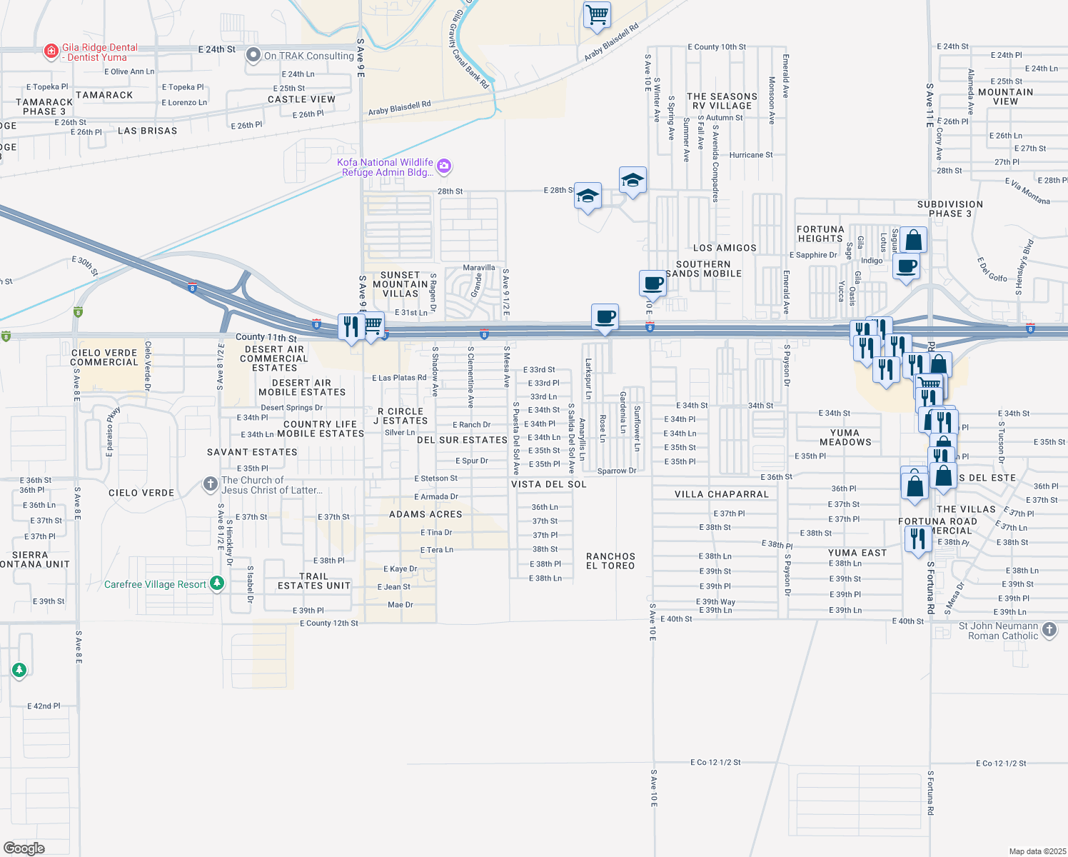 map of restaurants, bars, coffee shops, grocery stores, and more near 9593 East 34th Place in Yuma