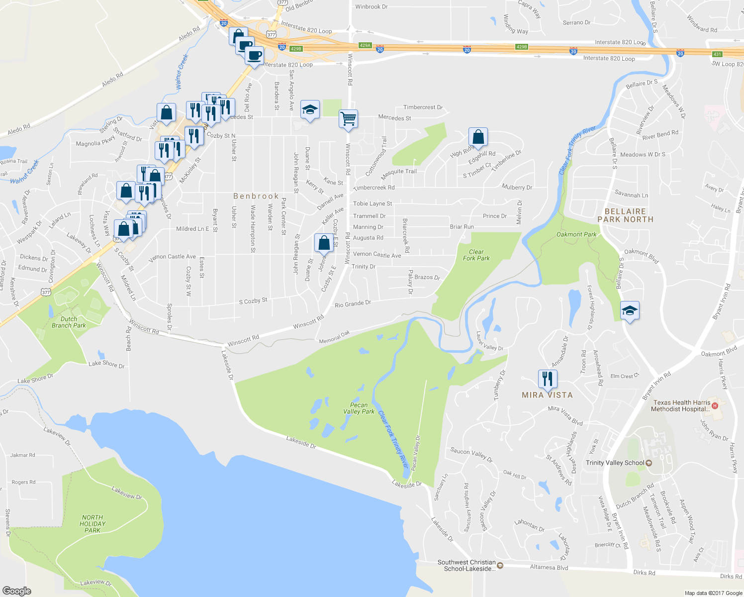 map of restaurants, bars, coffee shops, grocery stores, and more near 1341 Blanco Court in Benbrook