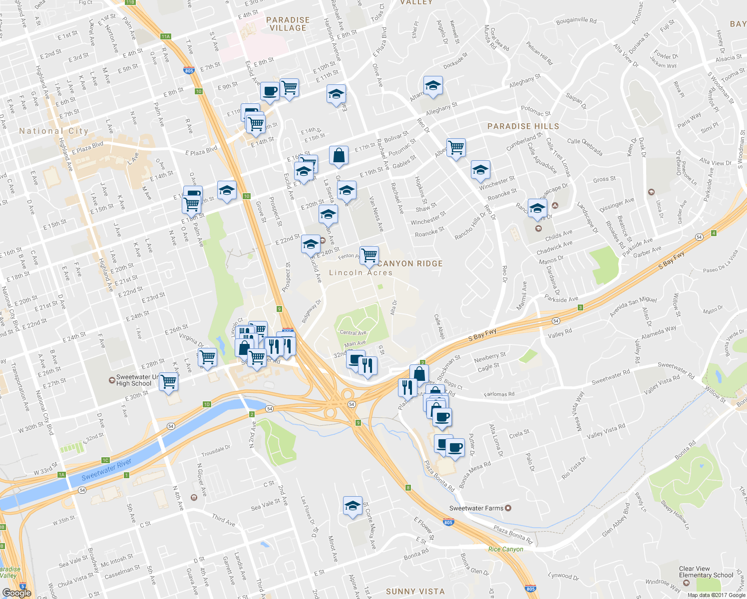 map of restaurants, bars, coffee shops, grocery stores, and more near Central Avenue in National City