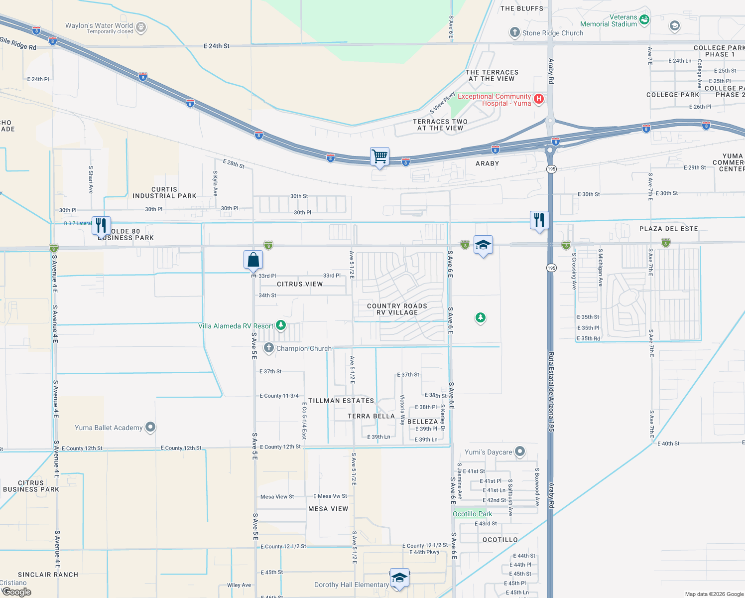 map of restaurants, bars, coffee shops, grocery stores, and more near East 34th Street in Yuma