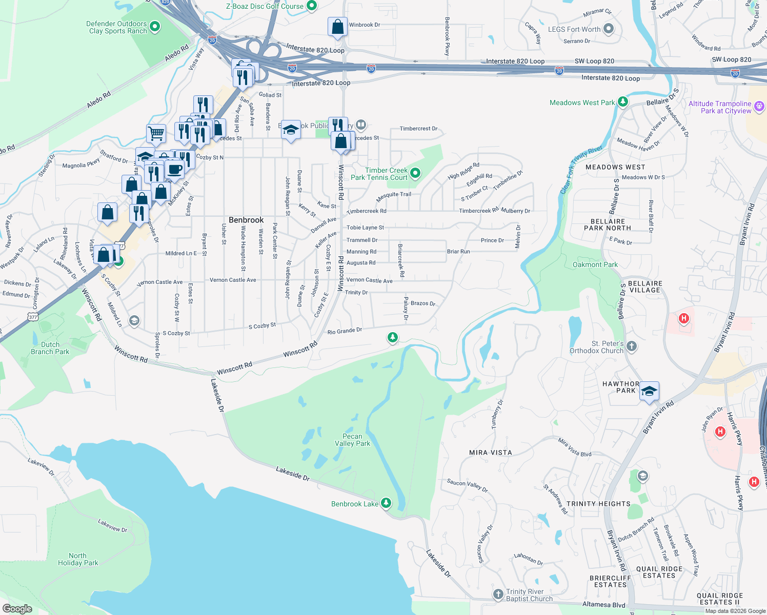 map of restaurants, bars, coffee shops, grocery stores, and more near 1208 Brazos Drive in Benbrook