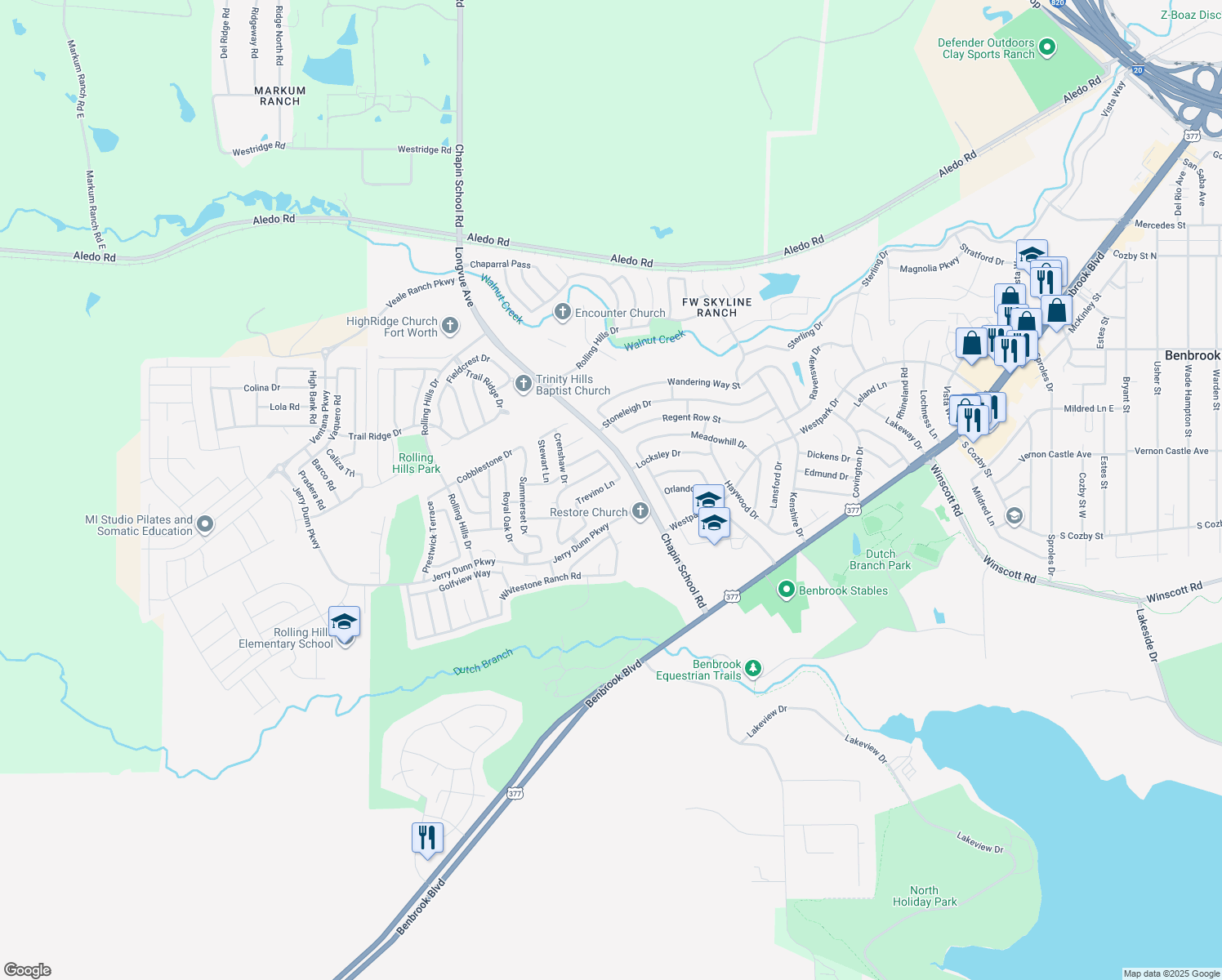 map of restaurants, bars, coffee shops, grocery stores, and more near 10313 Trevino Lane in Benbrook