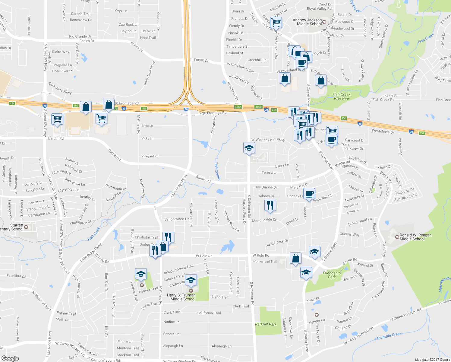 map of restaurants, bars, coffee shops, grocery stores, and more near 863 Ridgecrest Road in Grand Prairie