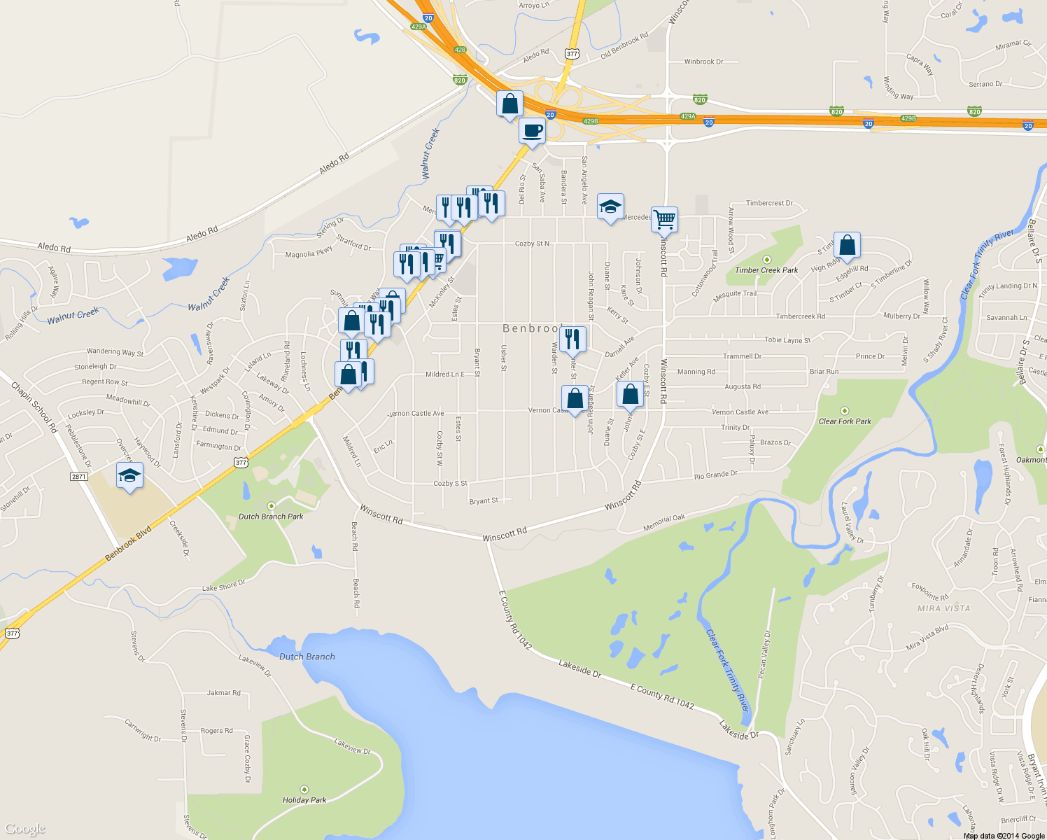 map of restaurants, bars, coffee shops, grocery stores, and more near 1204 Wade Hampton Street in Benbrook