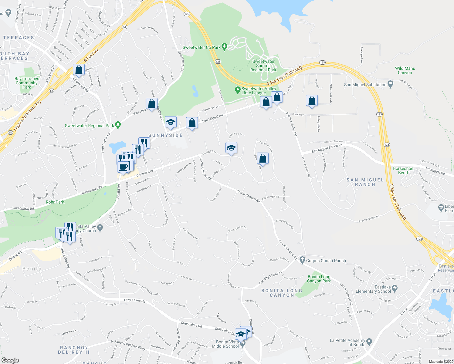 map of restaurants, bars, coffee shops, grocery stores, and more near 5607-5615 Jockey Way in Bonita