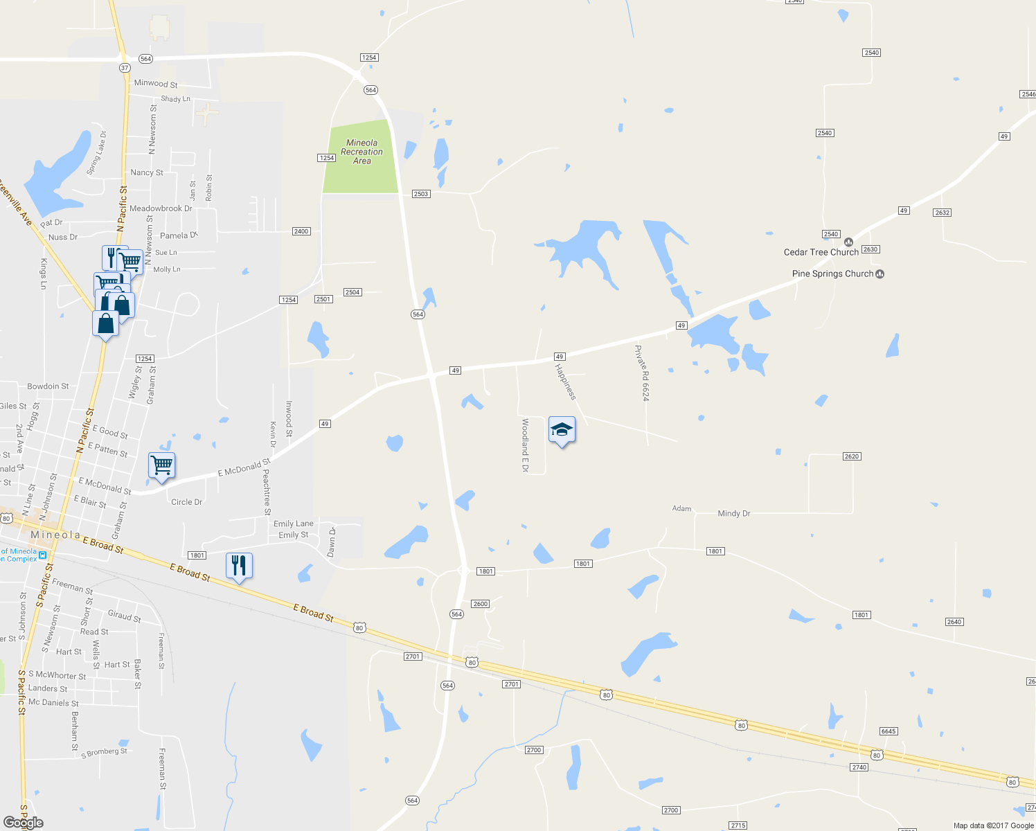 map of restaurants, bars, coffee shops, grocery stores, and more near 45 Woodland Drive in Mineola