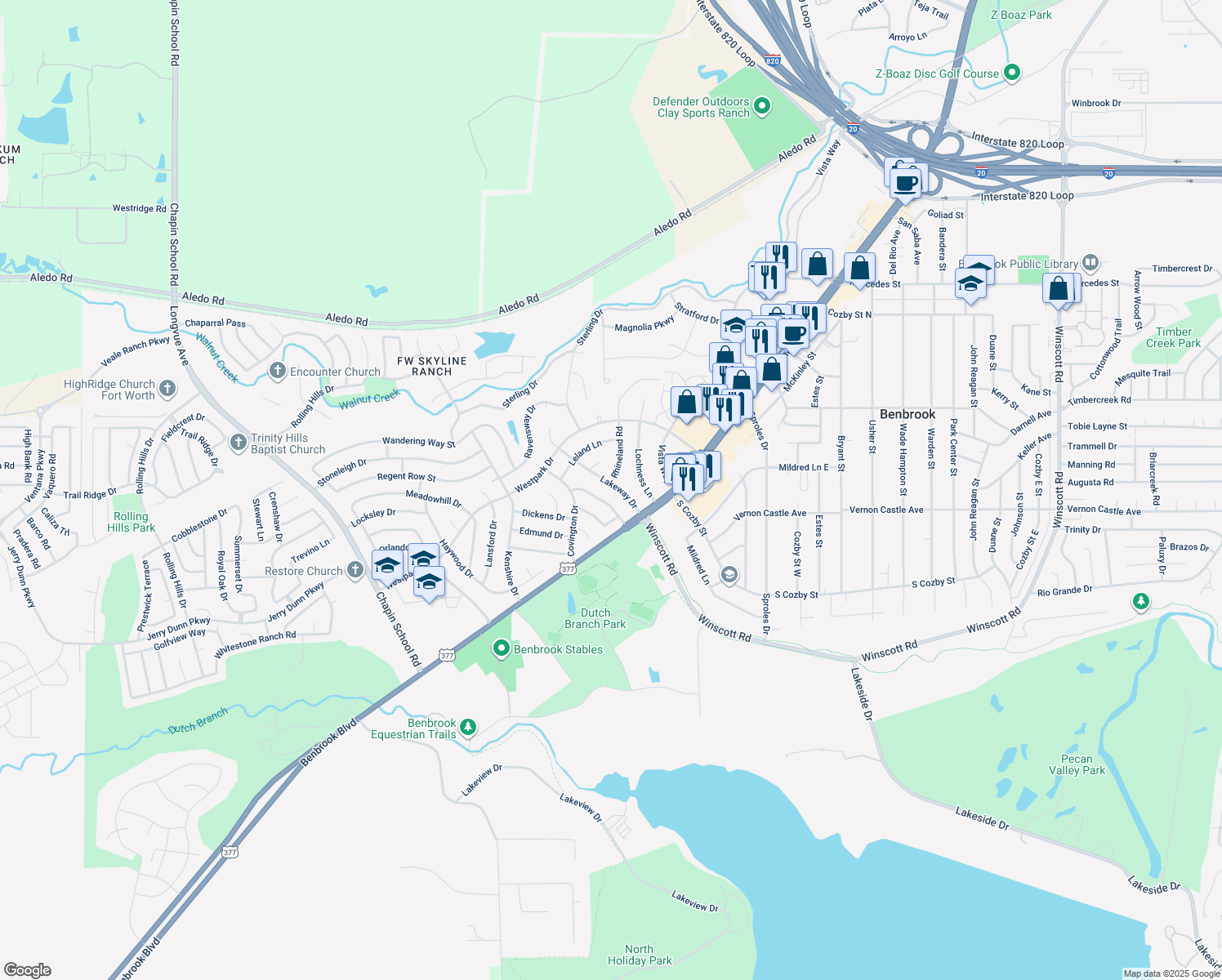 map of restaurants, bars, coffee shops, grocery stores, and more near 129 Lakeway Drive in Benbrook