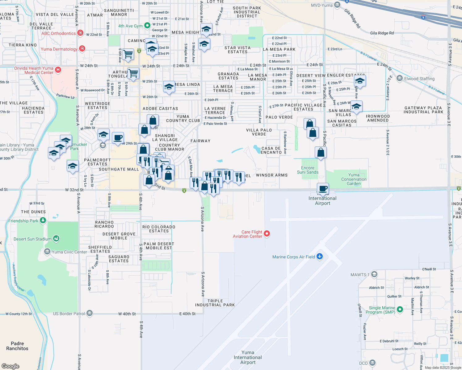 map of restaurants, bars, coffee shops, grocery stores, and more near 790 E 32nd St in Yuma