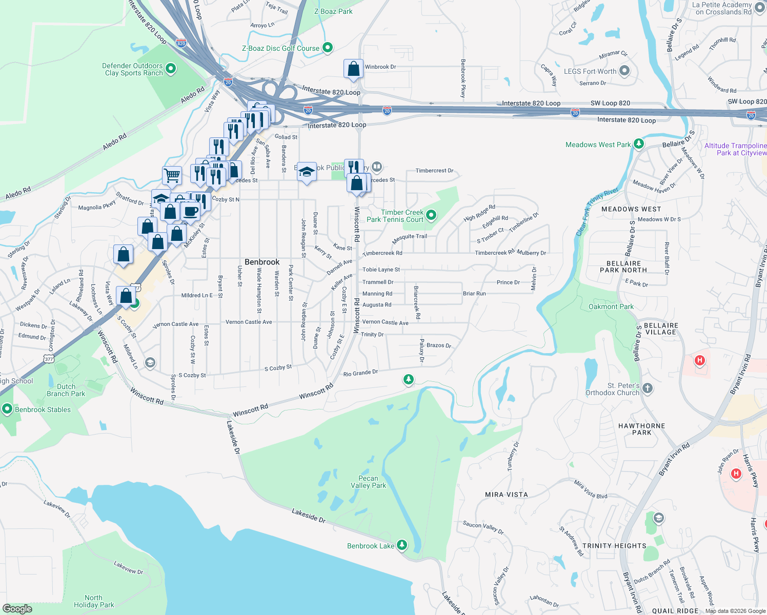 map of restaurants, bars, coffee shops, grocery stores, and more near 1132 Augusta Road in Benbrook