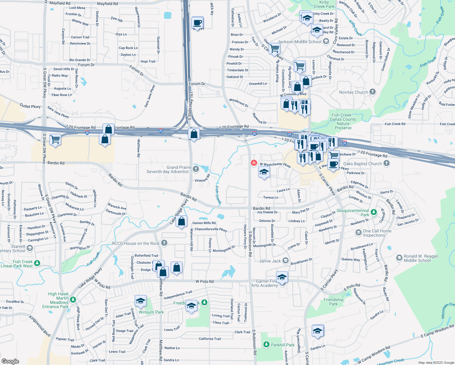 map of restaurants, bars, coffee shops, grocery stores, and more near 4219 Fall Creek Drive in Grand Prairie