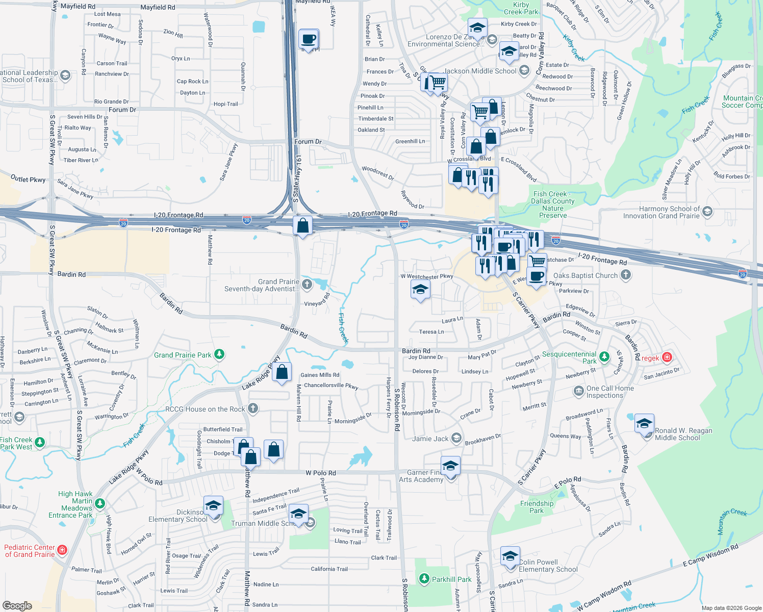 map of restaurants, bars, coffee shops, grocery stores, and more near 4214 South Robinson Road in Grand Prairie