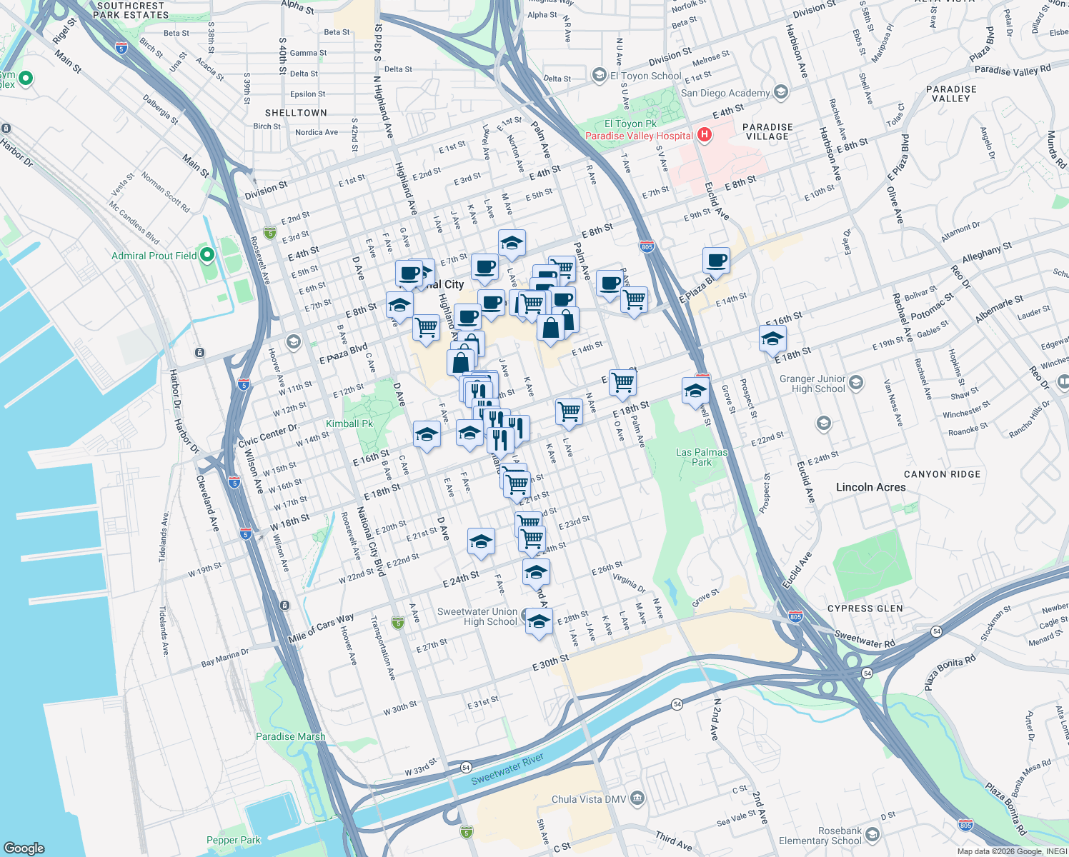 map of restaurants, bars, coffee shops, grocery stores, and more near 1029 East 17th Street in National City