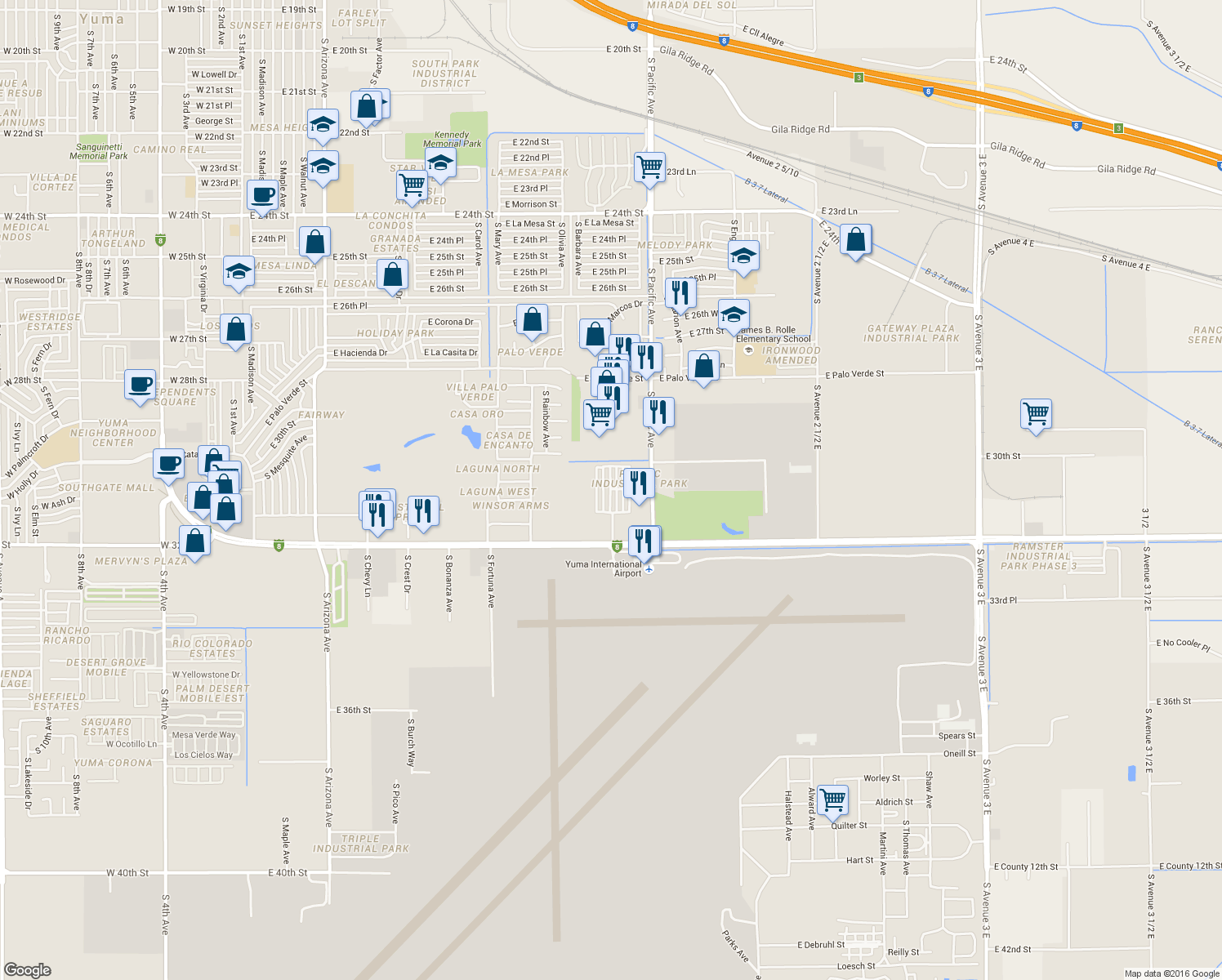 map of restaurants, bars, coffee shops, grocery stores, and more near 1960 East 32nd Street in Yuma