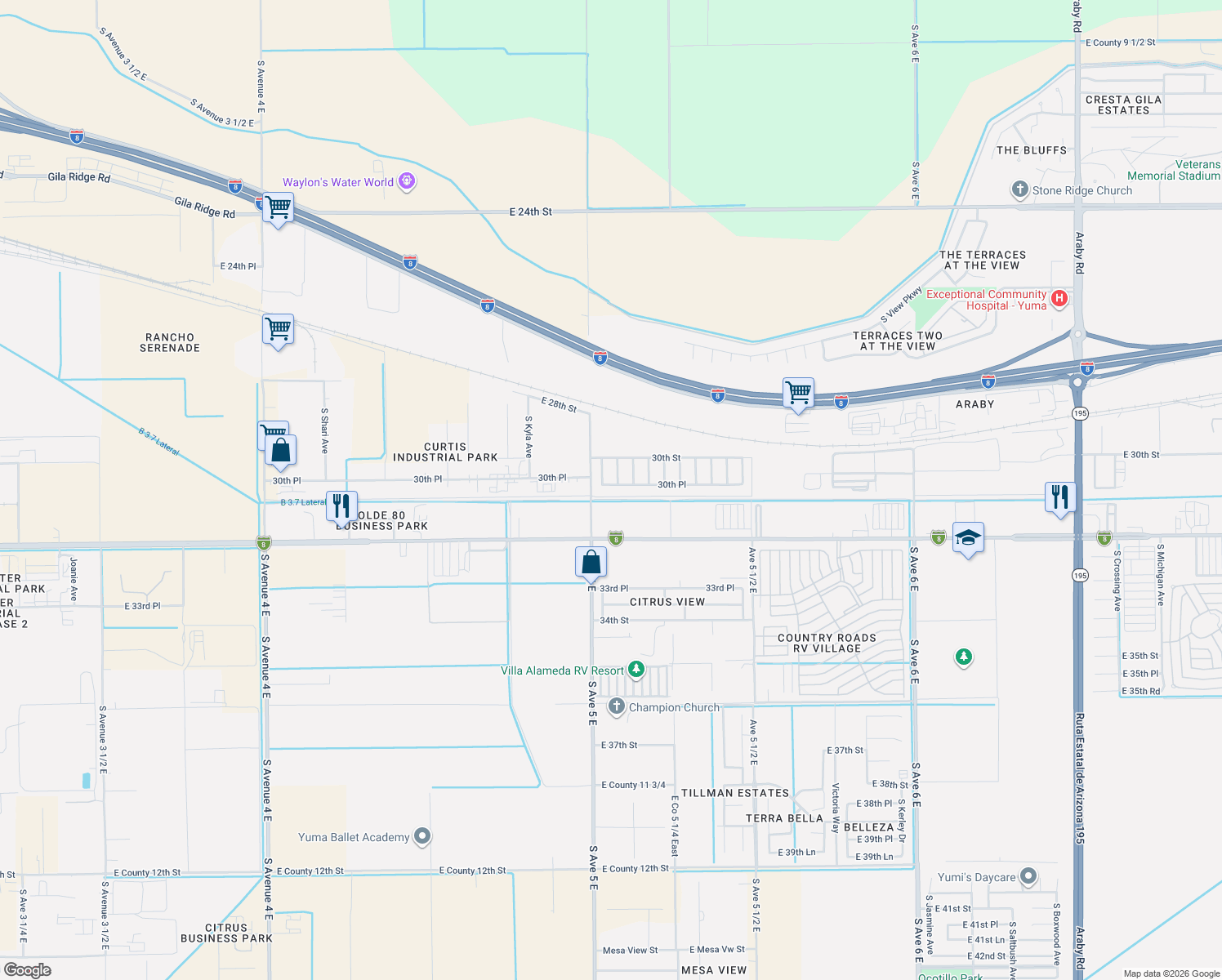 map of restaurants, bars, coffee shops, grocery stores, and more near 5067 E 30th Pl in Yuma