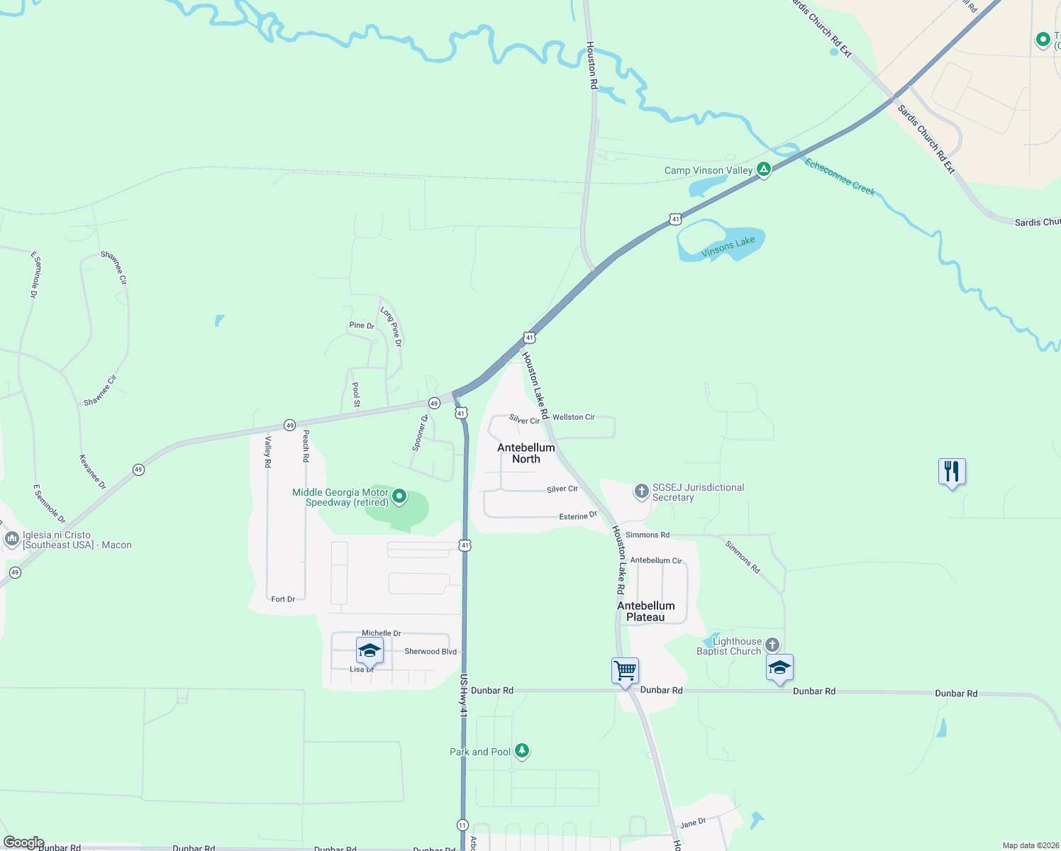 map of restaurants, bars, coffee shops, grocery stores, and more near 105 Silver Circle in Warner Robins