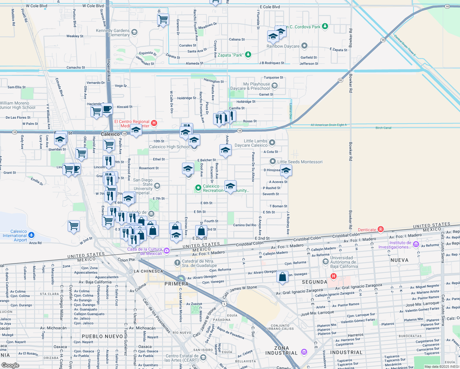 map of restaurants, bars, coffee shops, grocery stores, and more near 720 Andrade Avenue in Calexico
