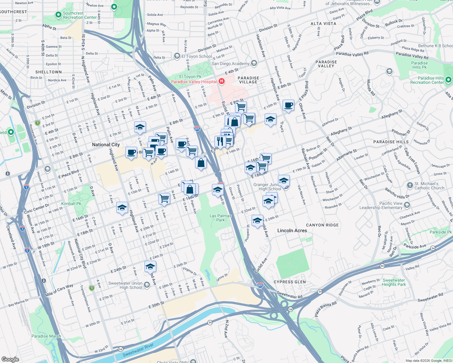 map of restaurants, bars, coffee shops, grocery stores, and more near Jacob Dekema Freeway in National City