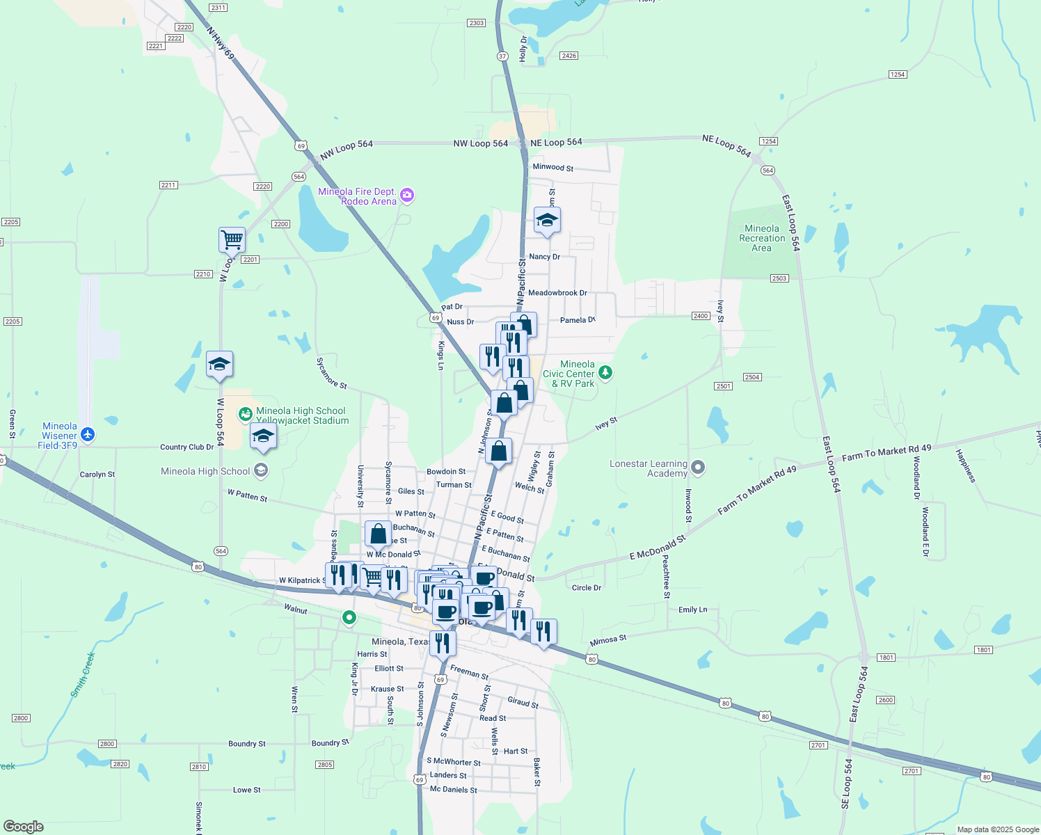 map of restaurants, bars, coffee shops, grocery stores, and more near 1127 North Newsom Street in Mineola