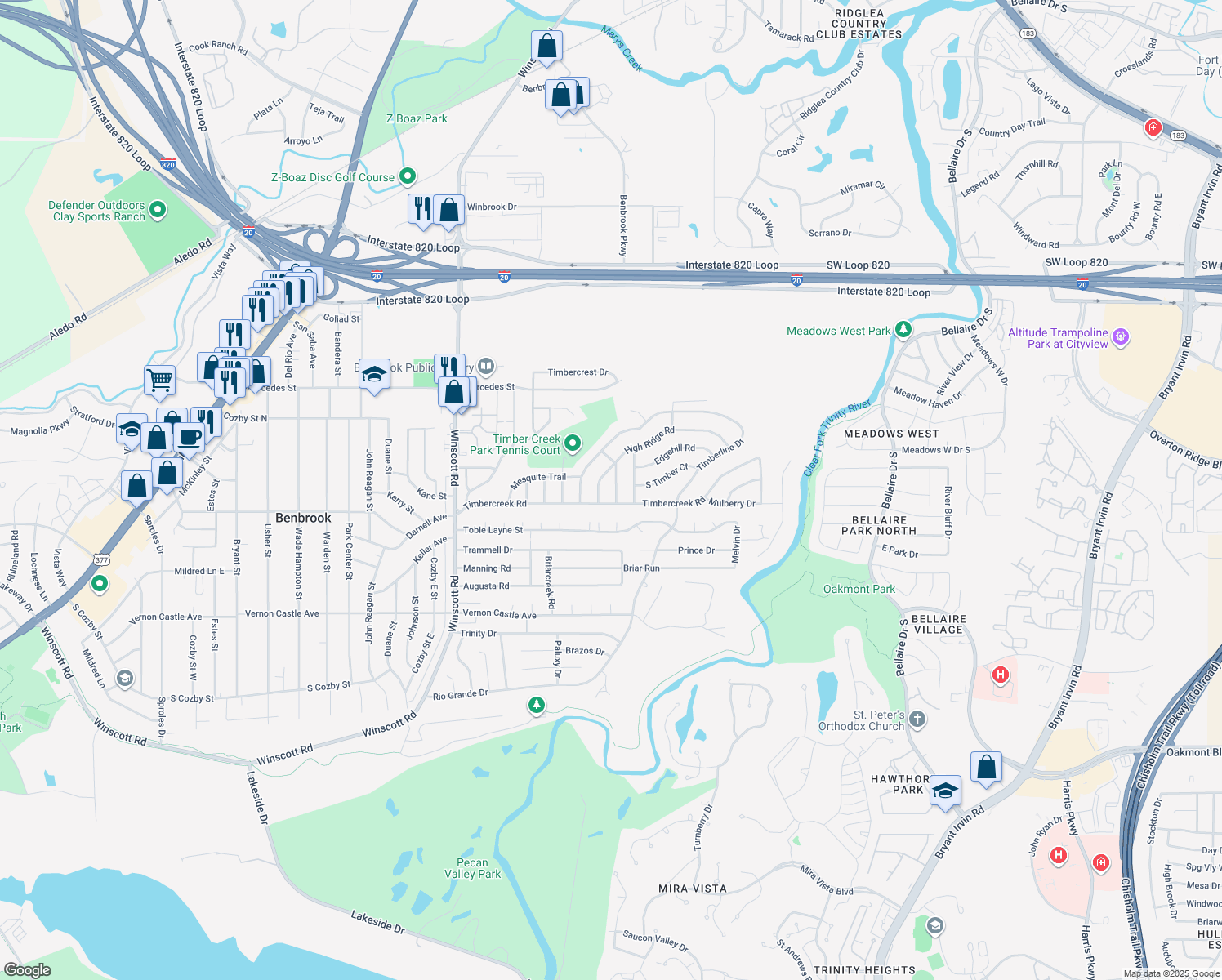 map of restaurants, bars, coffee shops, grocery stores, and more near 1020 Edgewood Trail in Benbrook