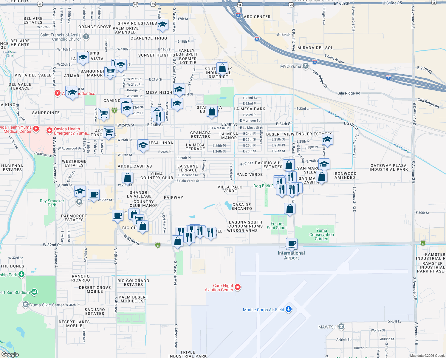 map of restaurants, bars, coffee shops, grocery stores, and more near 1100 East Palo Verde Street in Yuma