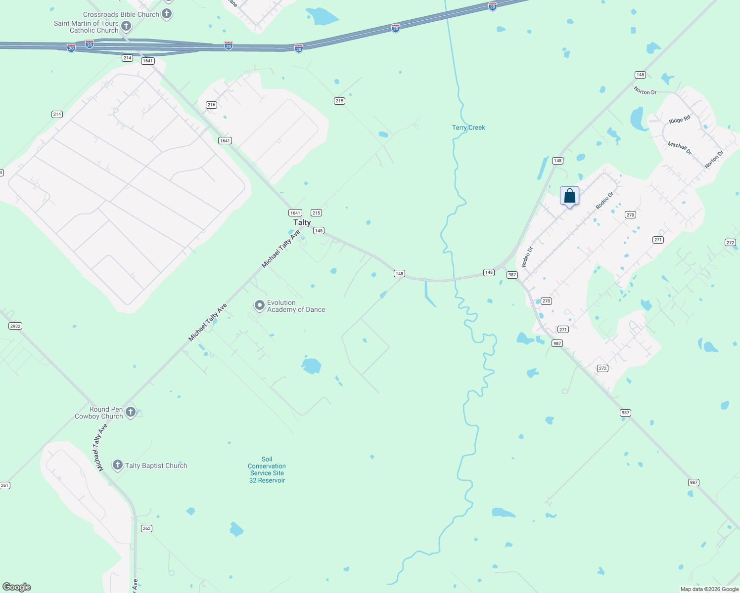 map of restaurants, bars, coffee shops, grocery stores, and more near 7710 Fall Creek Dr in Terrell