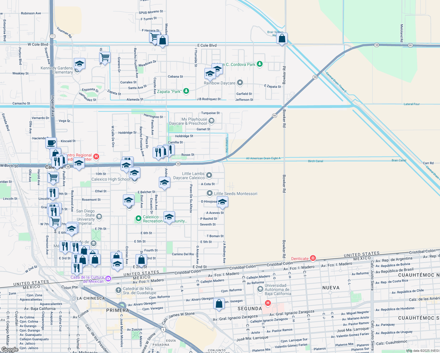 map of restaurants, bars, coffee shops, grocery stores, and more near 1249 Mc Millin Street in Calexico