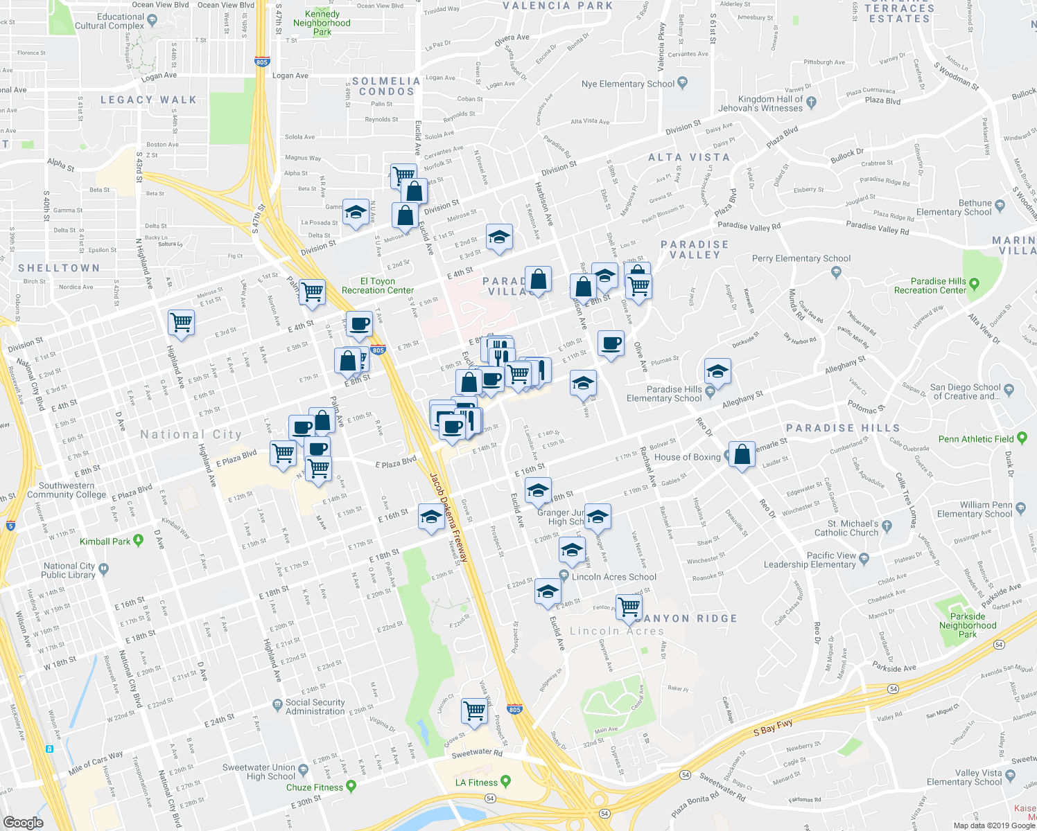 map of restaurants, bars, coffee shops, grocery stores, and more near 2537 East 13th Street in National City