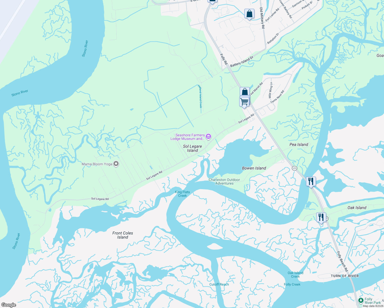 map of restaurants, bars, coffee shops, grocery stores, and more near 1892 State Road S-10-432 in Charleston