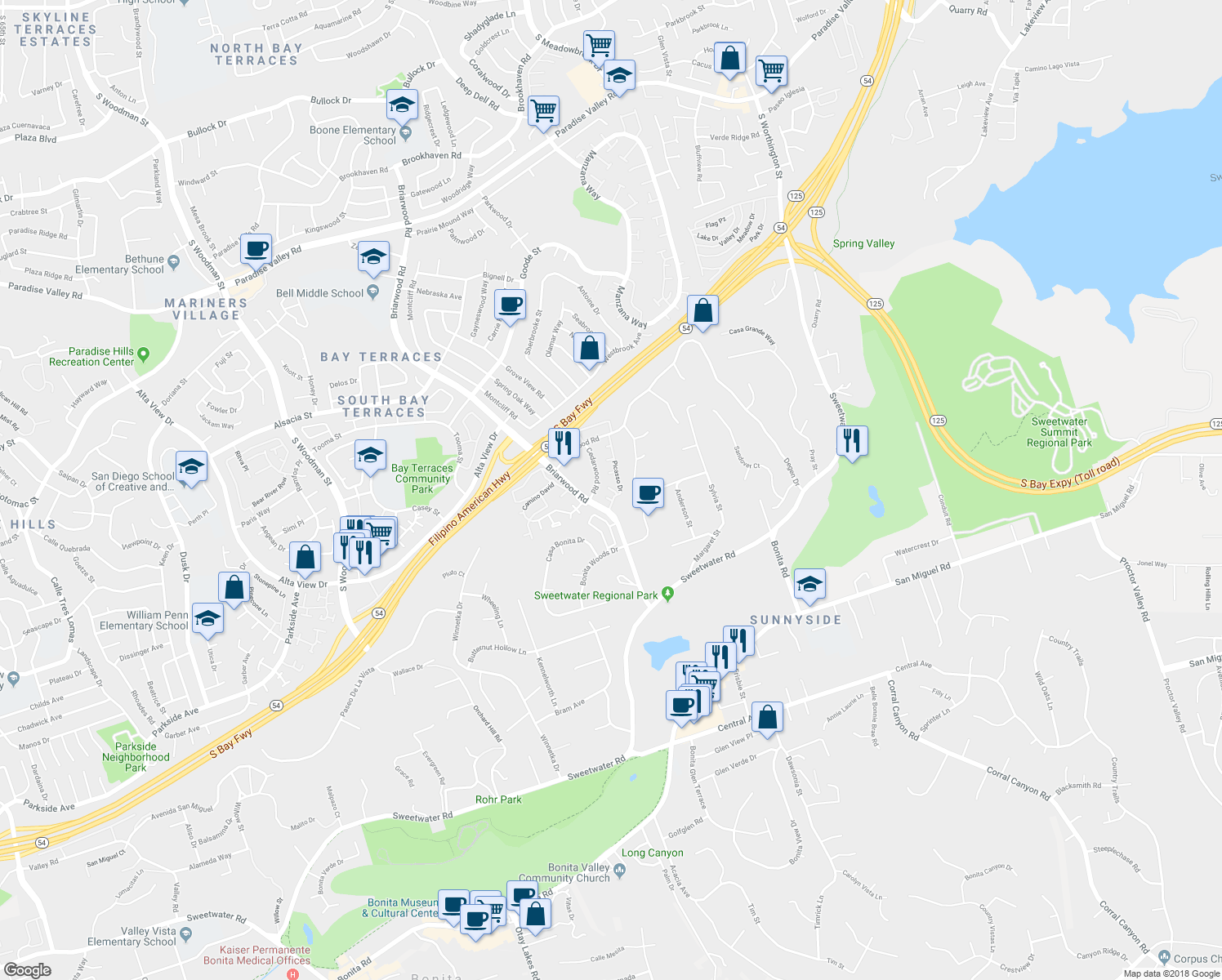 map of restaurants, bars, coffee shops, grocery stores, and more near 3034 Picasso Drive in Bonita