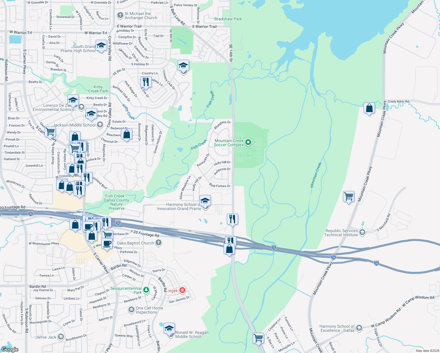 map of restaurants, bars, coffee shops, grocery stores, and more near 3919 Danzig in Grand Prairie