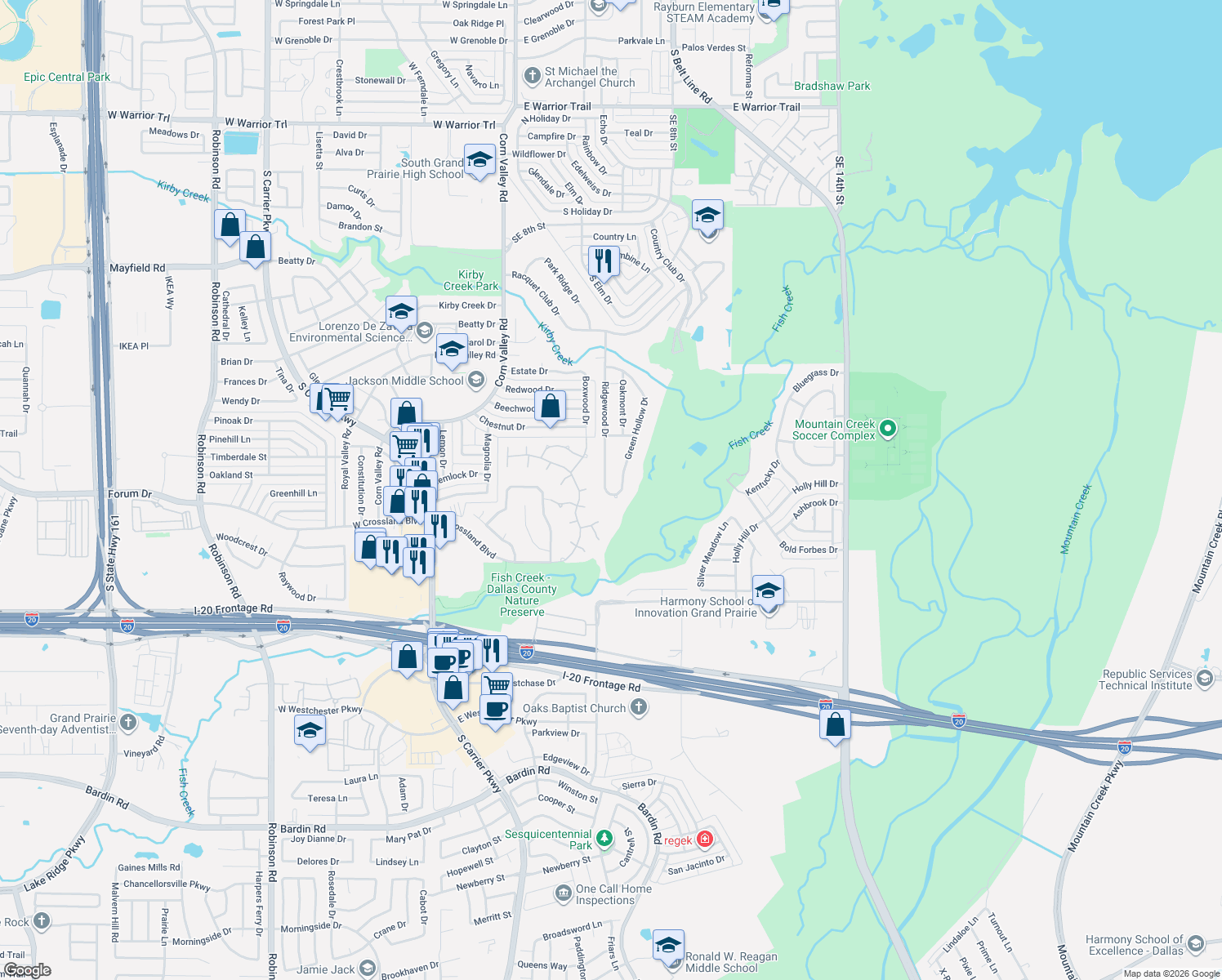 map of restaurants, bars, coffee shops, grocery stores, and more near 3734 Ridgewood Drive in Grand Prairie